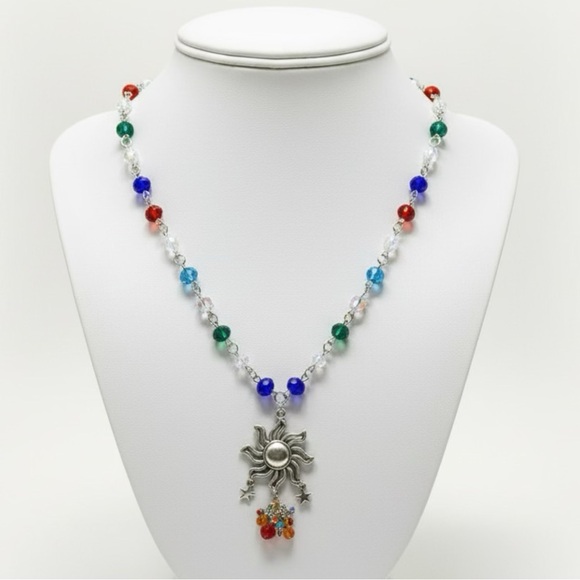 Handmade Jewelry - Silver Sun and Stars Charm Multicolor Beaded Necklace with Silver Pendant 18”
